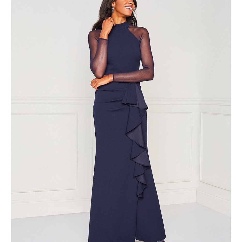 Mock Neck Illusion Long Sleeve Ruffled Scuba Crepe Mesh Gown Size 12